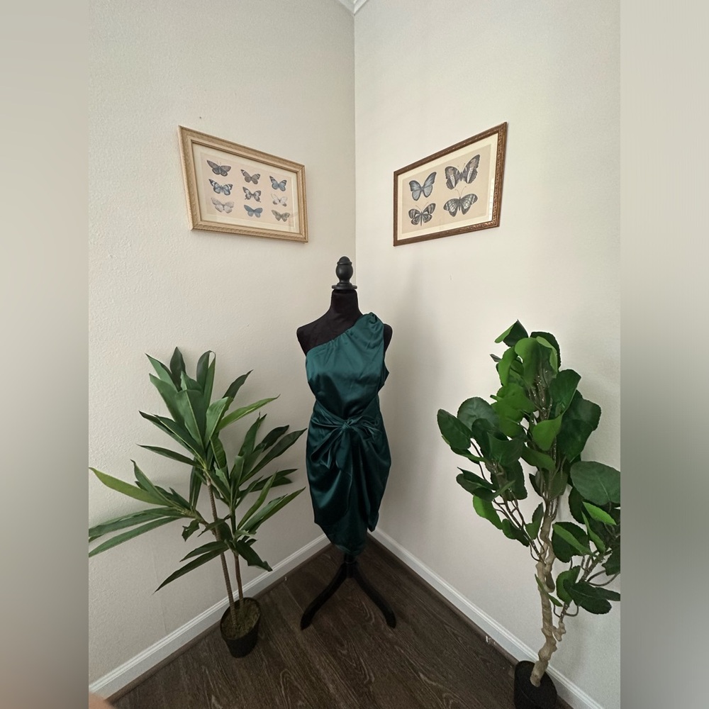 Green one shoulder mini cocktail dress with wrap detail